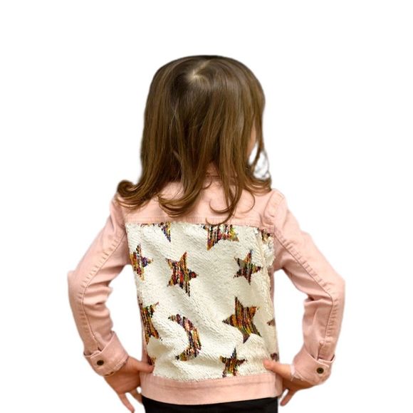 Girls Pink Metallic Denim Jacket W/ Sequin Stars & Moons Back